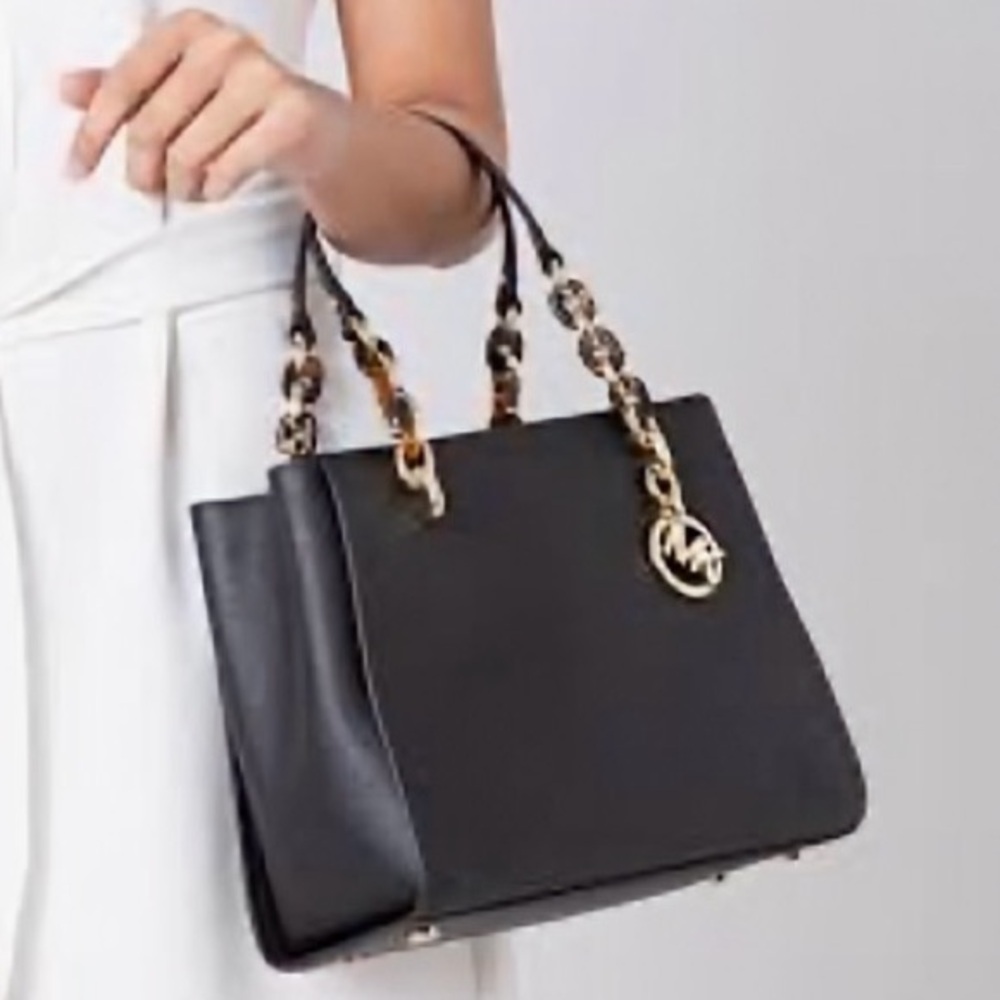 Michael Kors Sophia Shoulder Bag Purse Satchel Black Gold Saffiano Leather Large